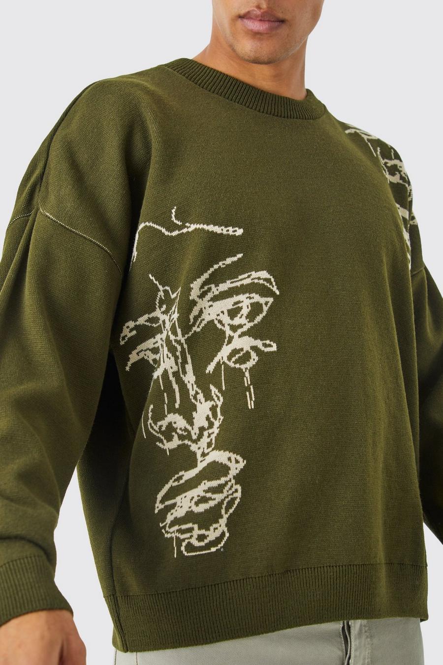 Maglione oversize in maglia con spalle scese e disegno a linee, Khaki image number 1