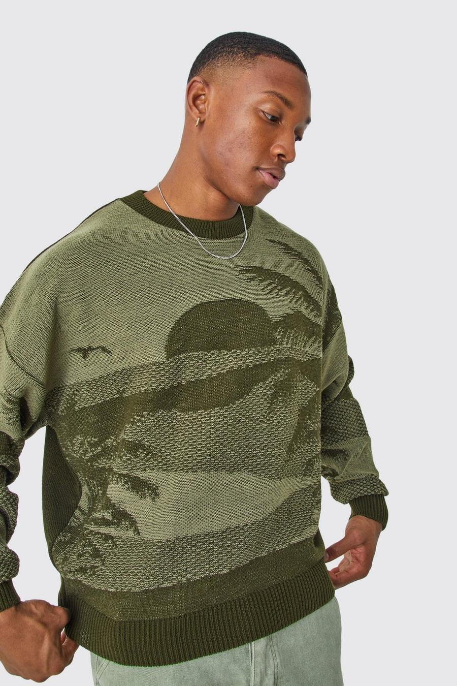 Kastiger Oversize Pullover mit Print, Khaki