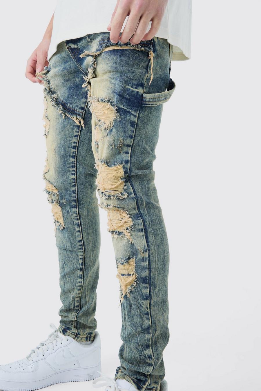 Skinny Stretch Multi Rip Carpenter Jeans In Antique Wash