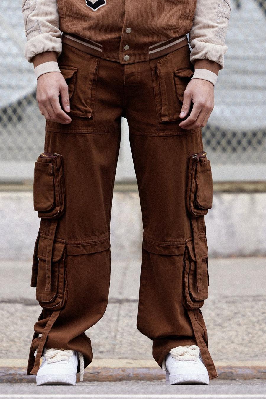 Chocolate brown Onbewerkte Baggy Acid Wash Gebleekte Jeans Met Cargo Zakken En Bandjes