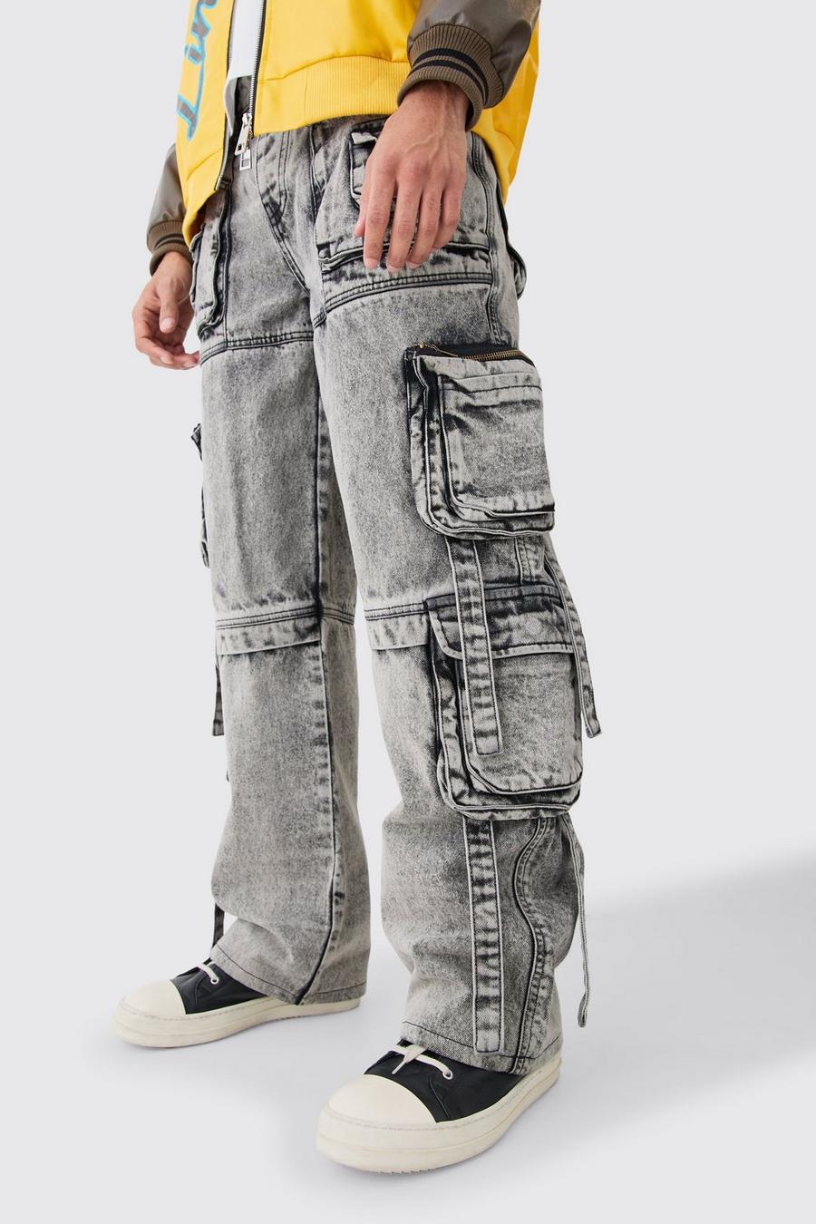Charcoal Baggy Rigid Multi Cargo Pocket Strap Detail Acid Wash Jeans