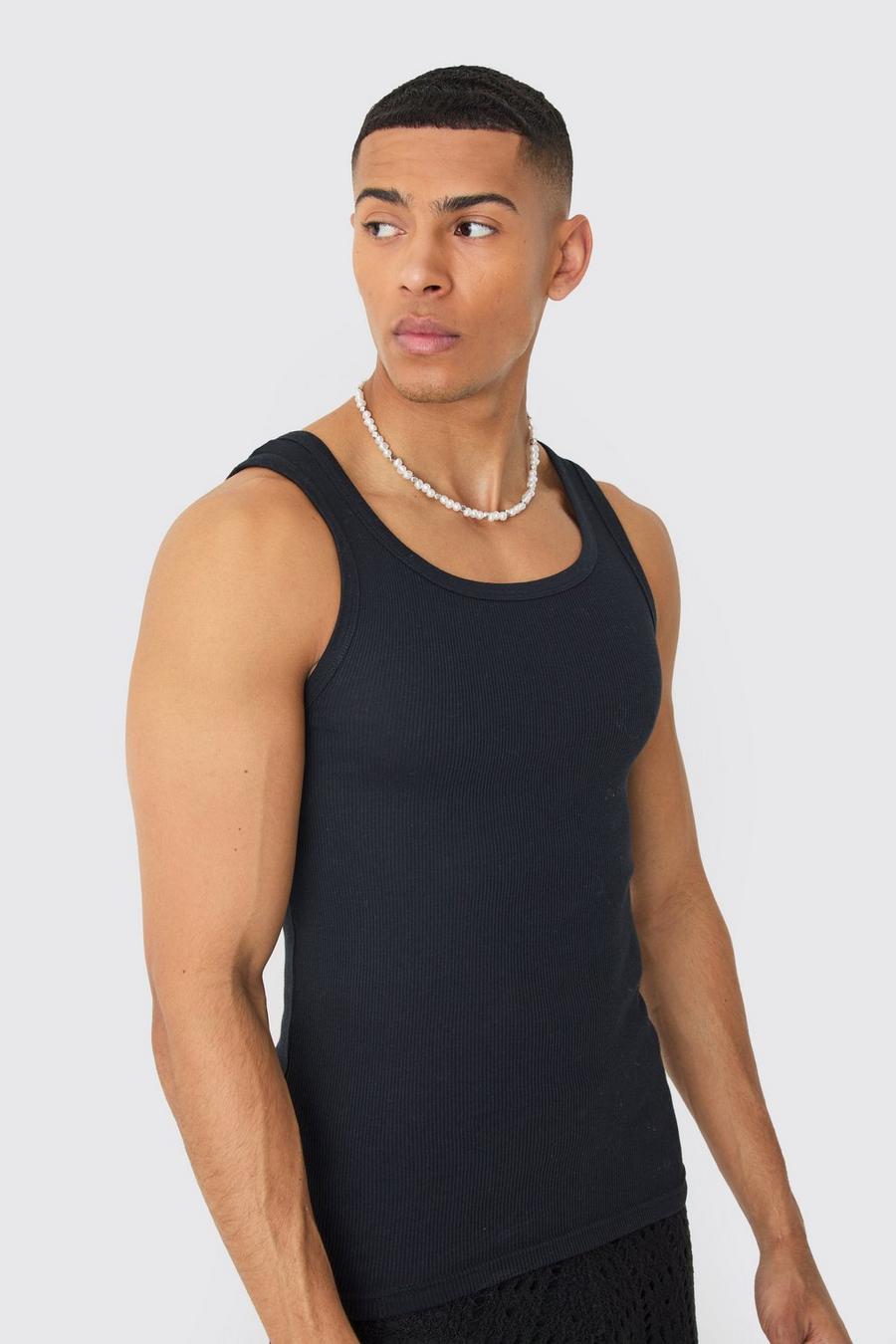 Black Muscle Fit Ribbed Tank Top image number 1