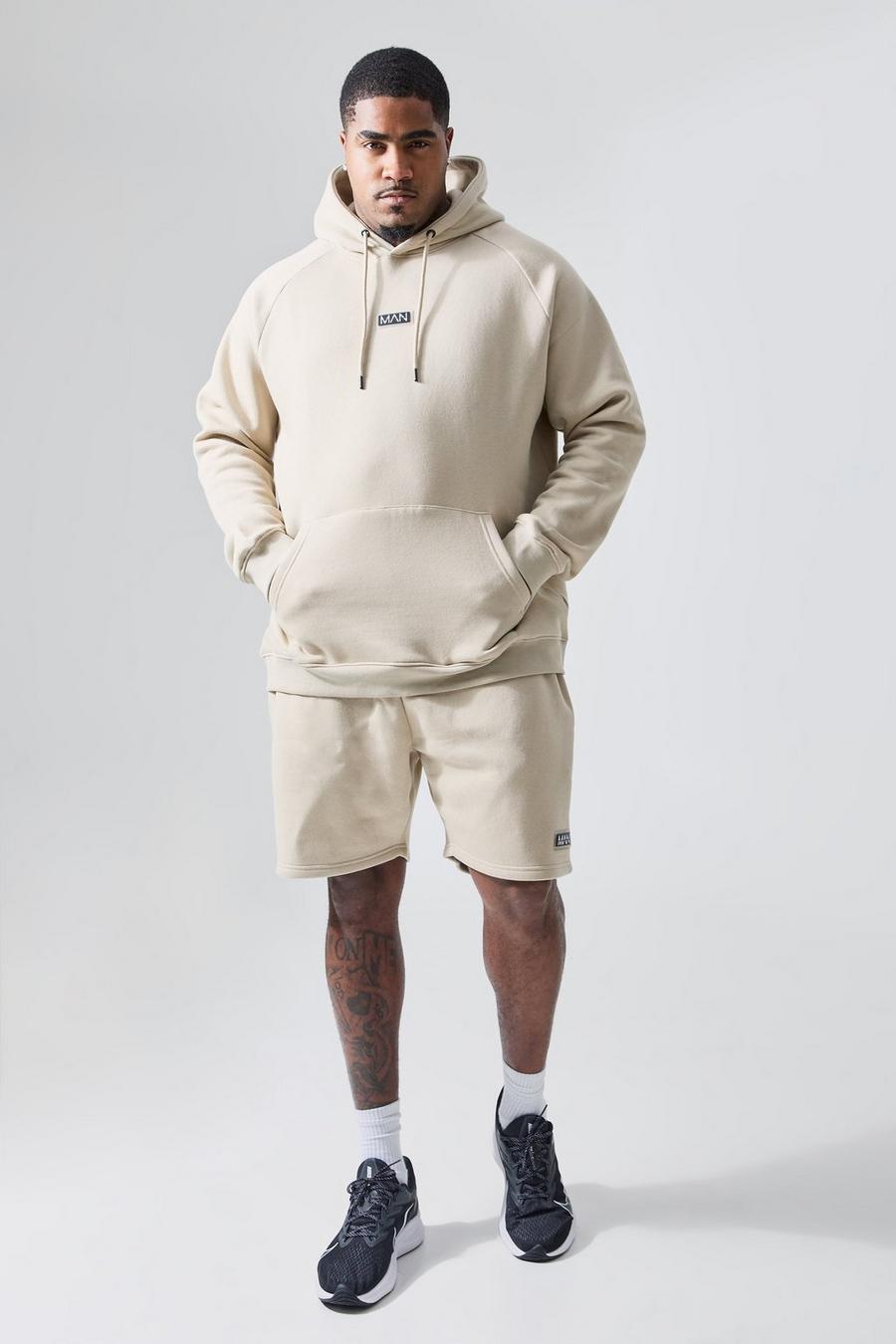 Plus Man Active Trainingshoodie und Shorts, Taupe image number 1