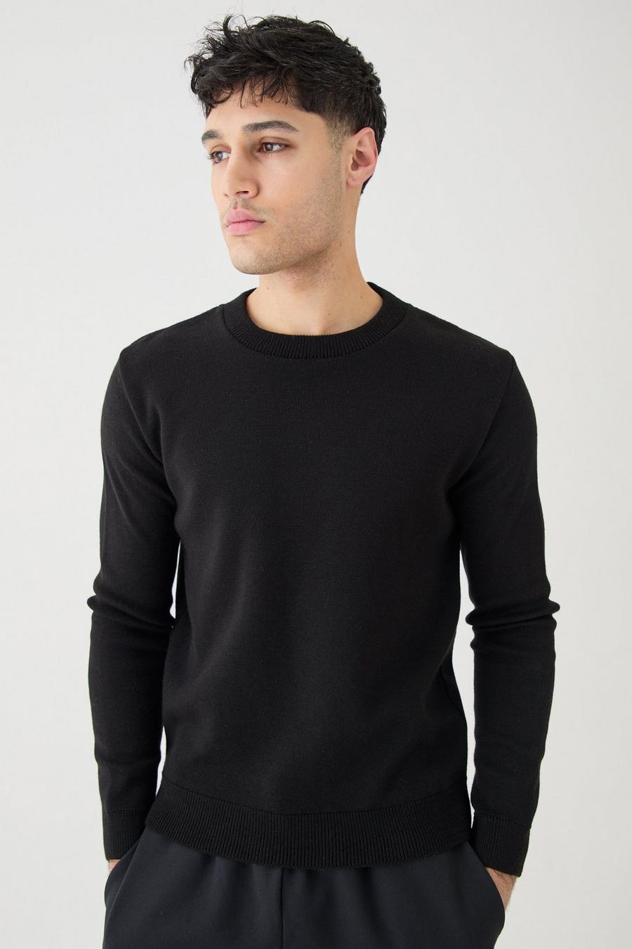 Black Regular Fit Crew Neck Knitted Sweater
