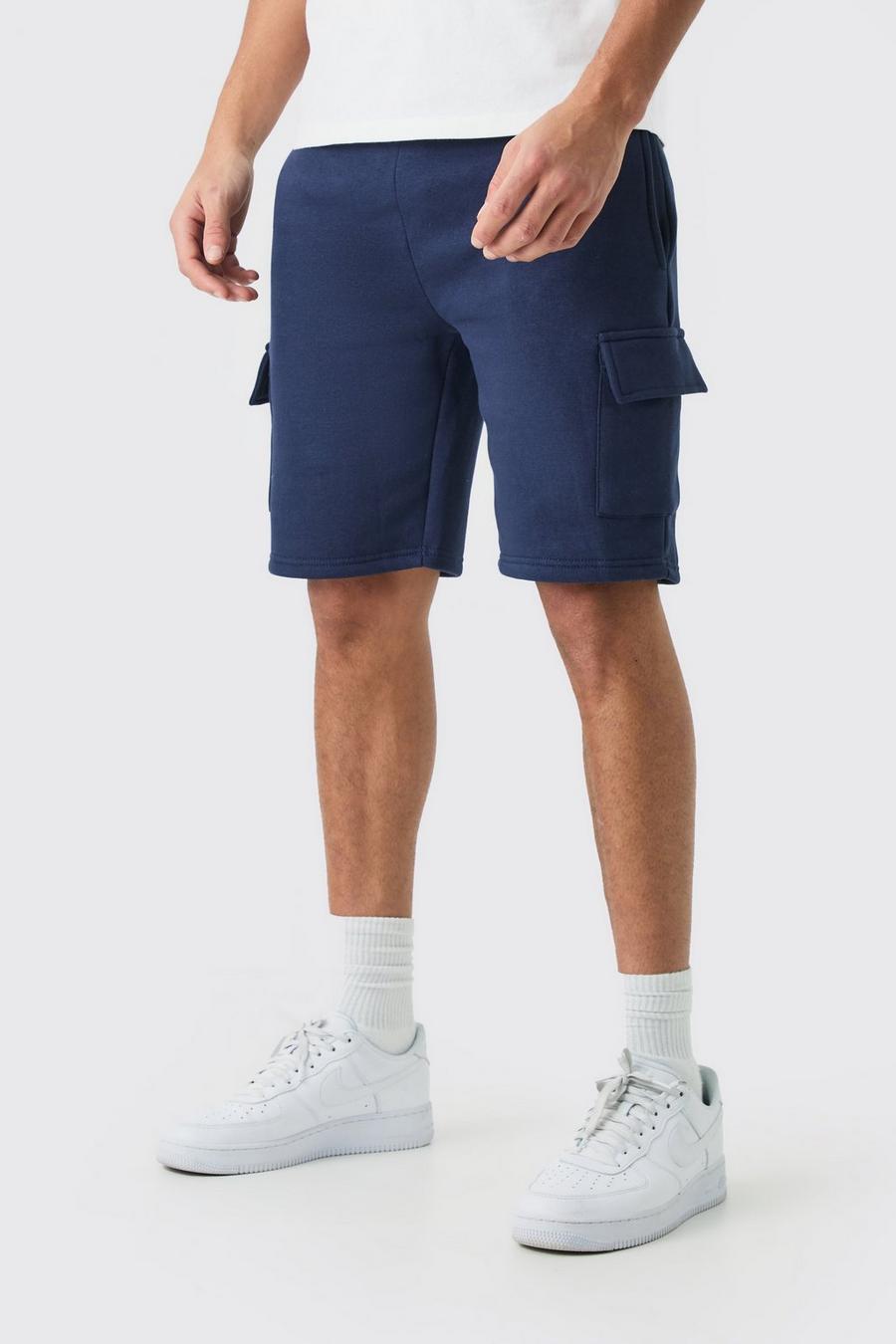 Navy Middellange Slim Fit Cargo Jersey Shorts image number 1