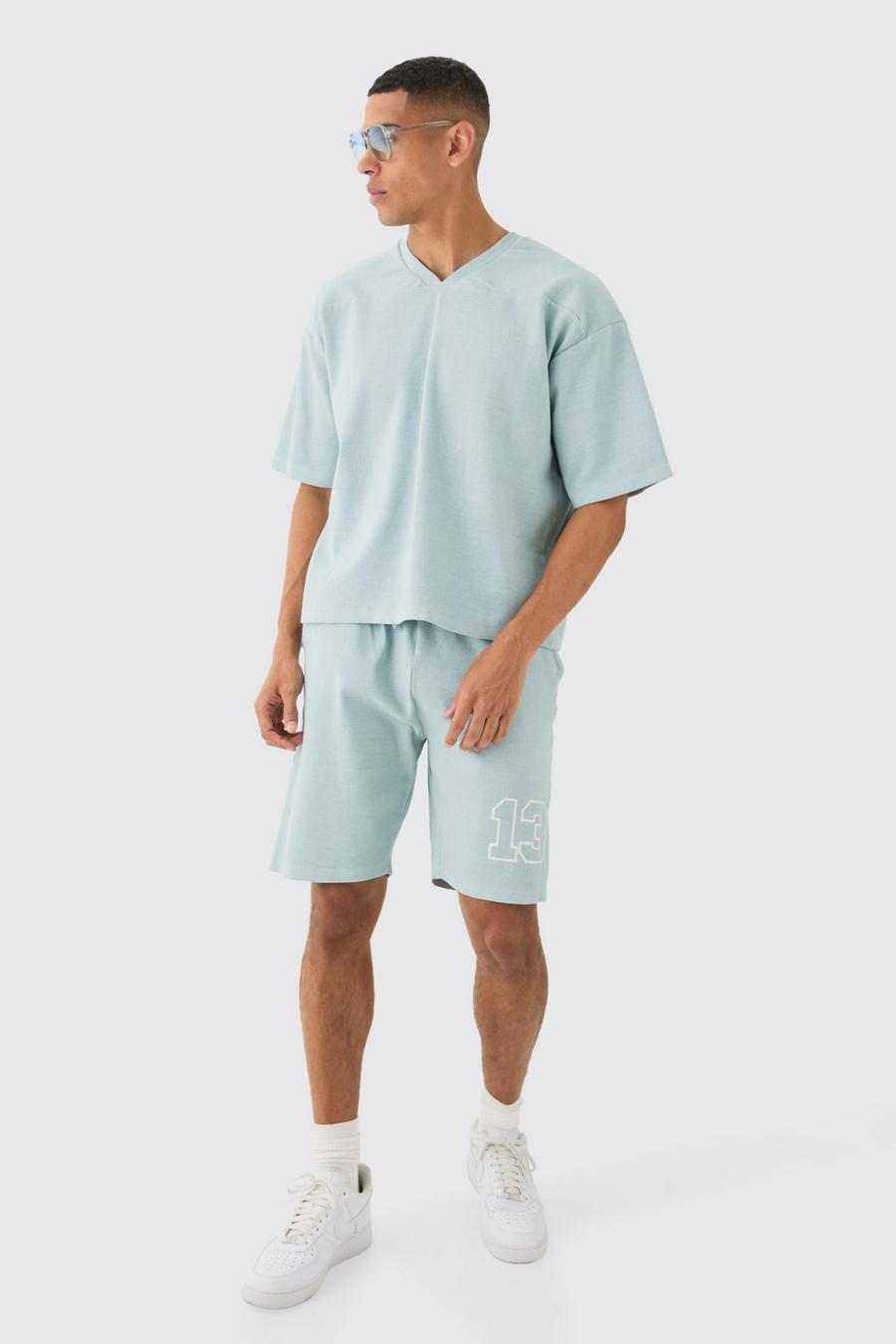 Light blue Ribbad sweatshirt och shorts i tjockt tyg med tvättad effekt