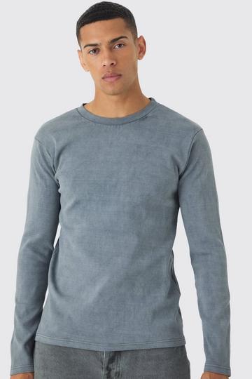 Grey Muscle Fit Long Sleeve Heavyweight Ribbed Washed Sweater