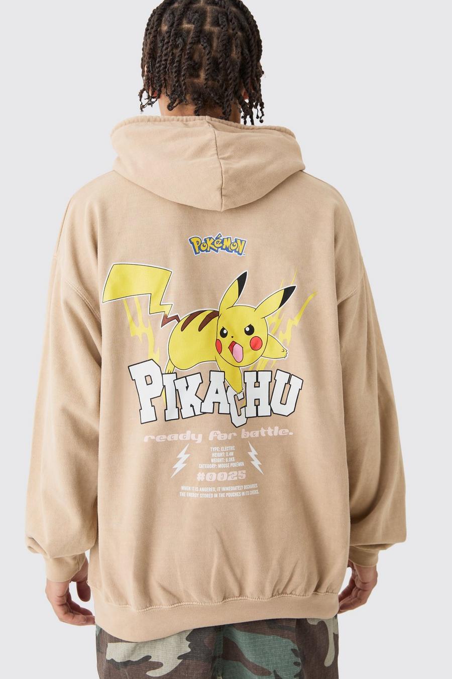 Sudadera oversize sobreteñida con estampado de Pokemon Pikachu, Taupe image number 1