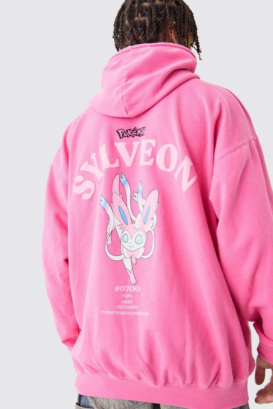 Sudadera oversize sobreteñida con capucha y estampado de Pokemon Sylveon, Pink image number 1