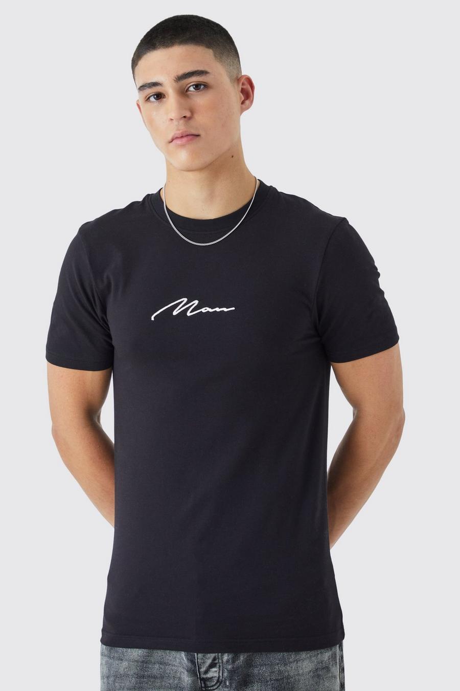 T-shirt attillata con firma Man, Black
