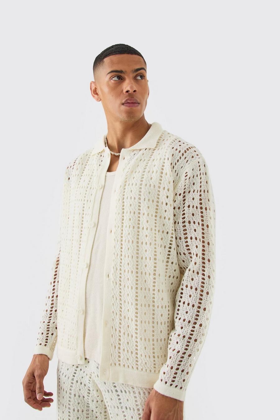 Oversized Long Sleeve Crochet Shirt In White image number 1