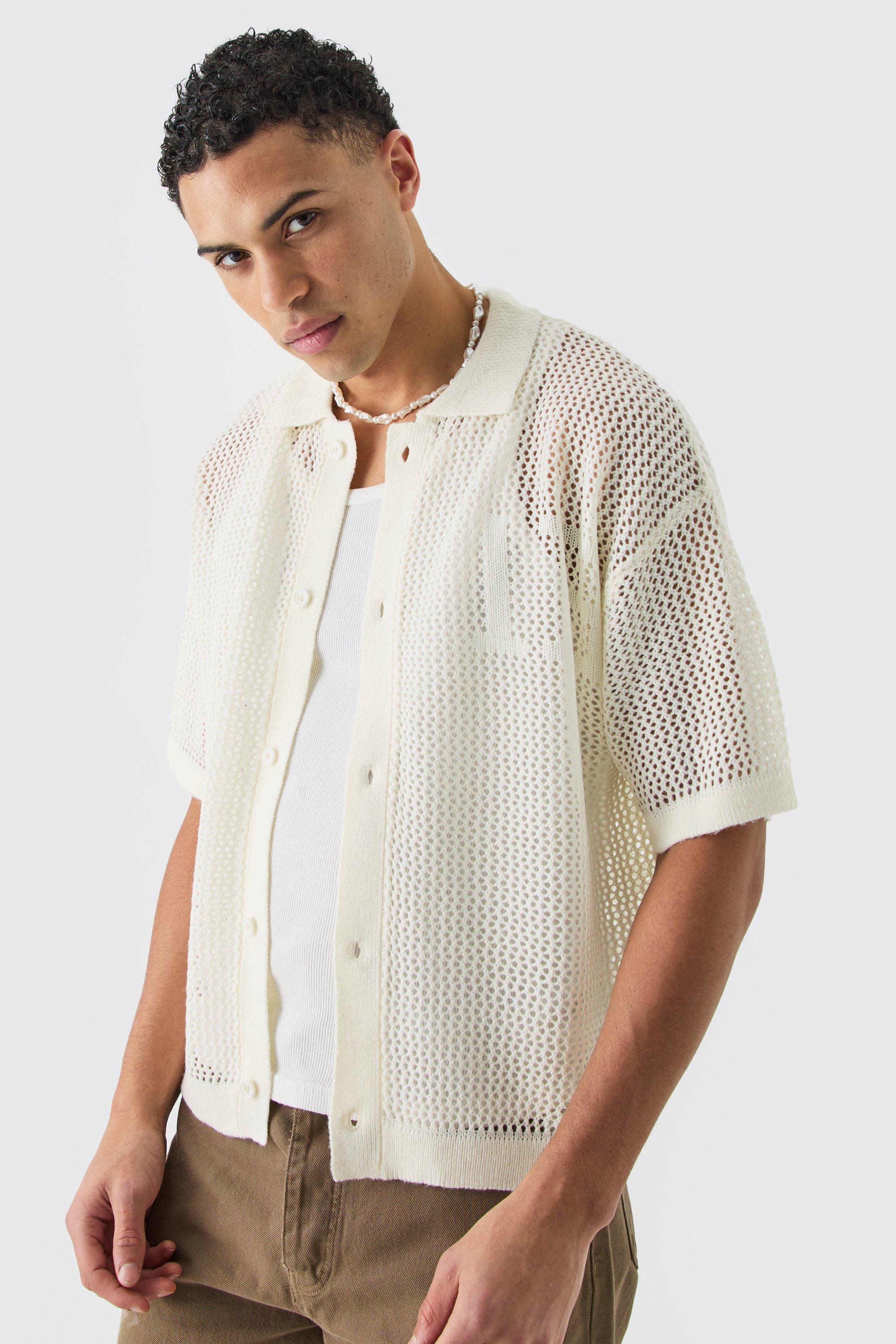 boohoo BOXY OPEN STITCH ニットシャツ & ショート セットアップ Sets | Boxy Open Stitch Shirt & Short Set | boohooMAN