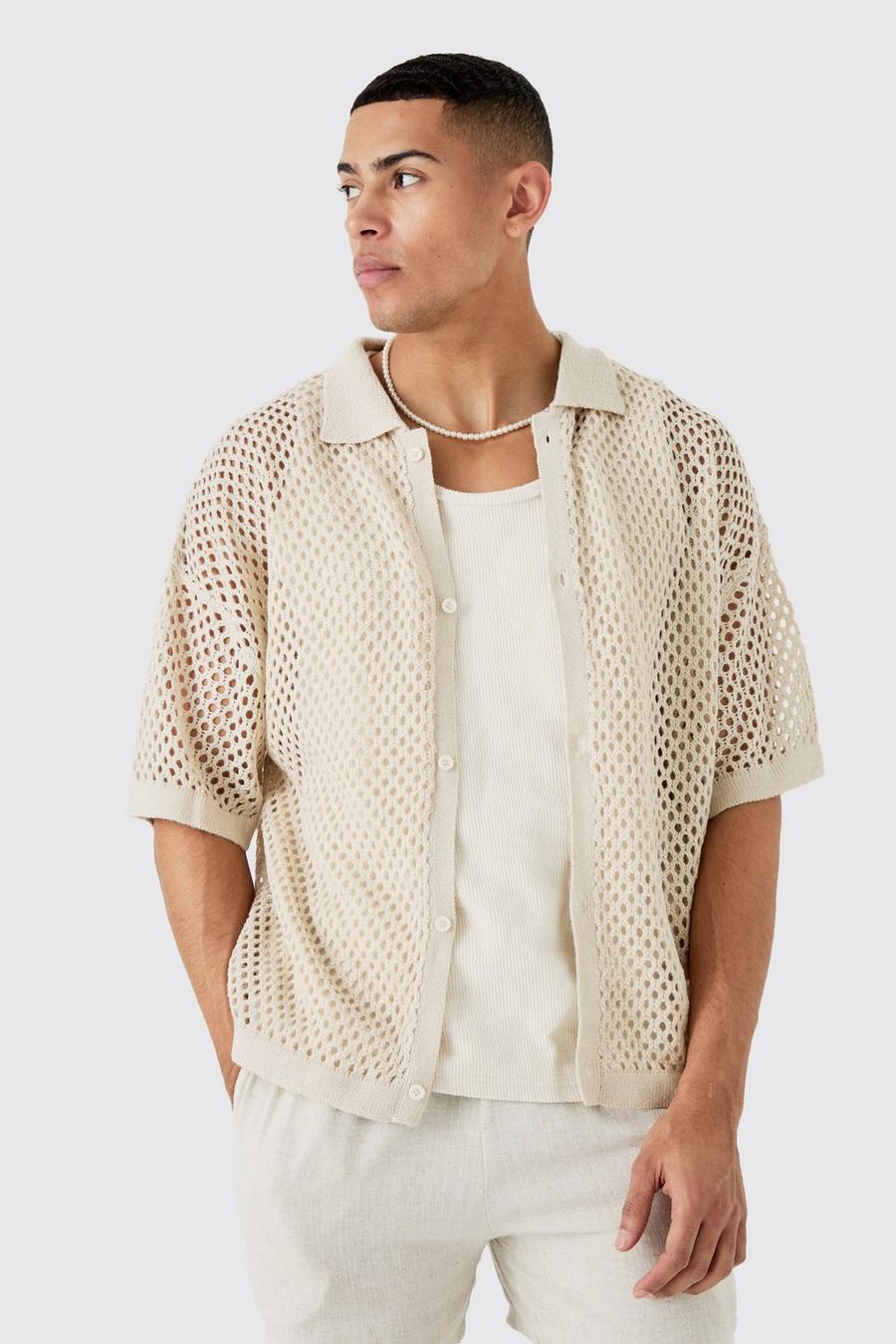 Oversized Boxy Fit Crochet Shirt In Stone image number 1