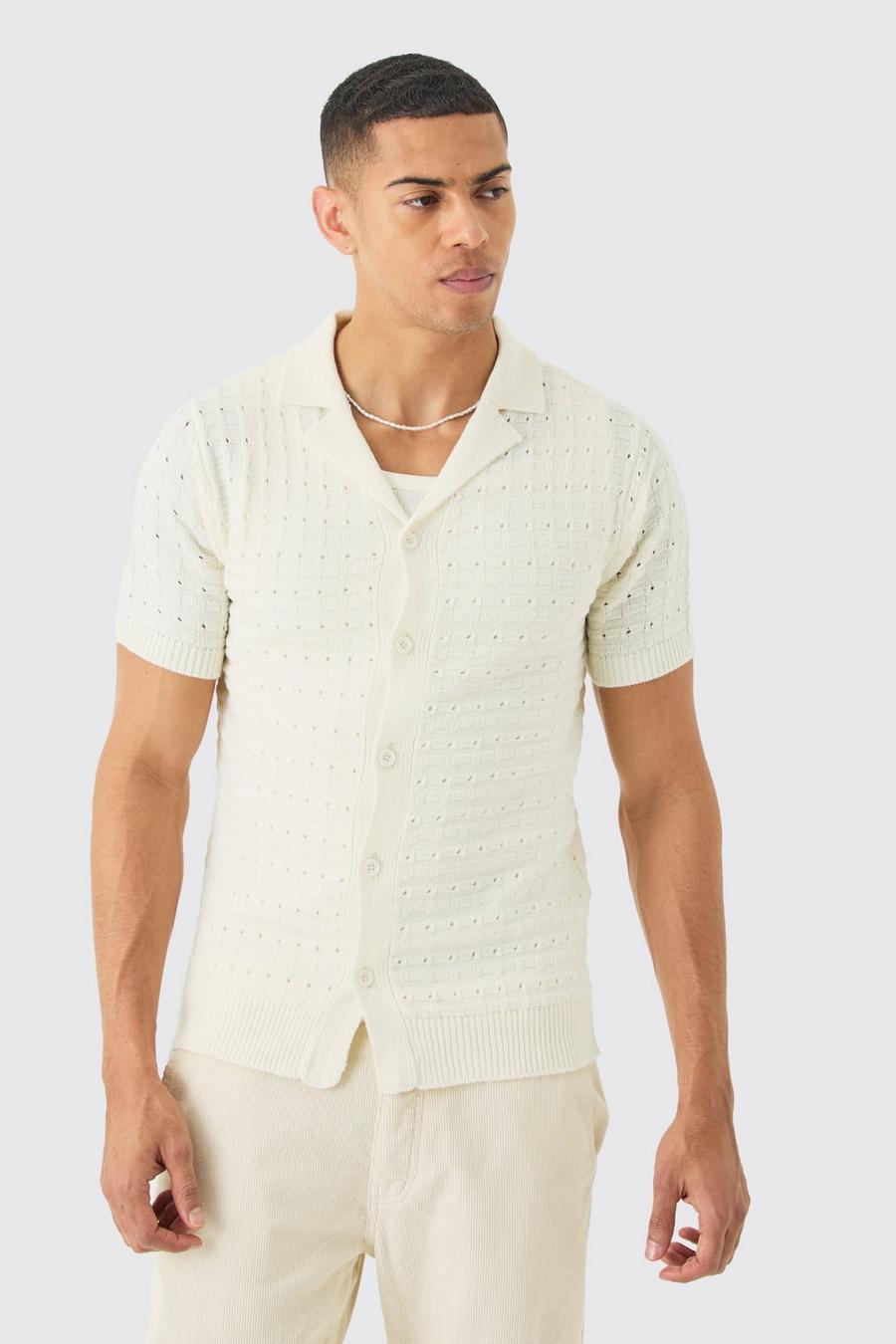 Camisa de punto calado con botones en color crema, Cream image number 1