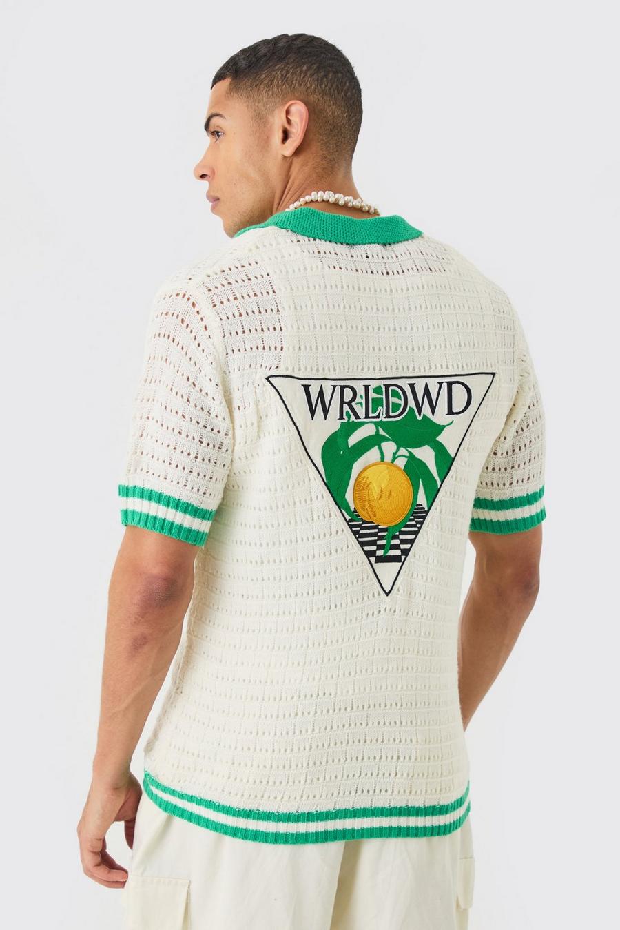White Kortärmad stickad skjorta med bowlingkrage image number 1