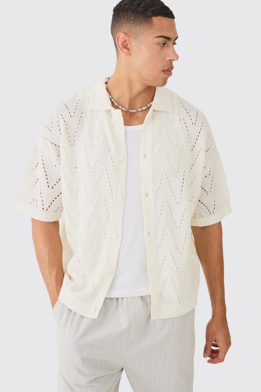 Short Sleeve Boxy Open Stitch Knitted Shirt In Stone