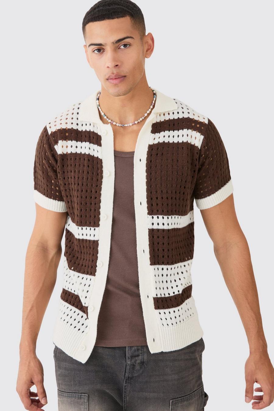 Camicia in maglia a righe traforate marrone, Brown