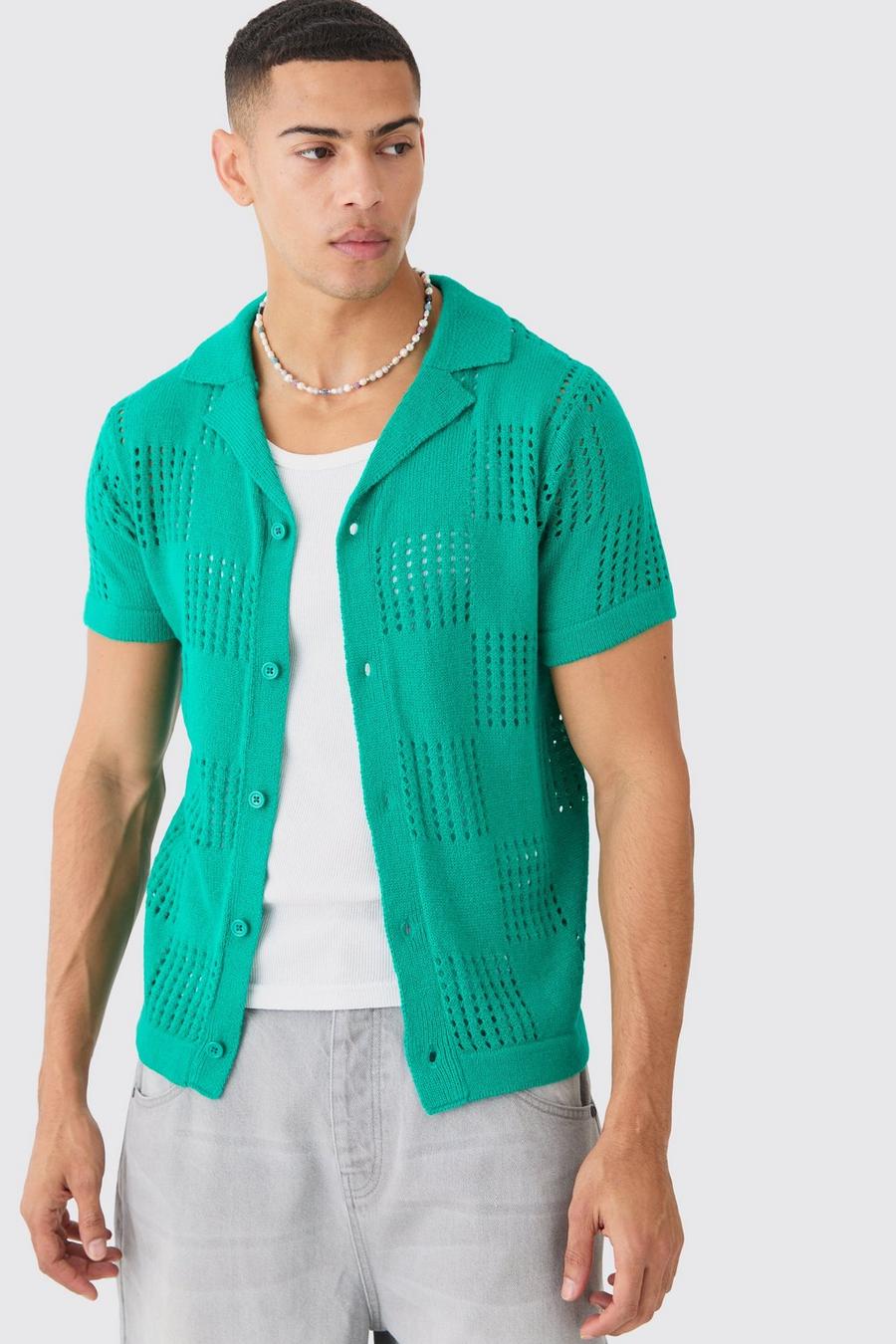 Short Sleeve Checkerboard Open Stitch Shirt In Green