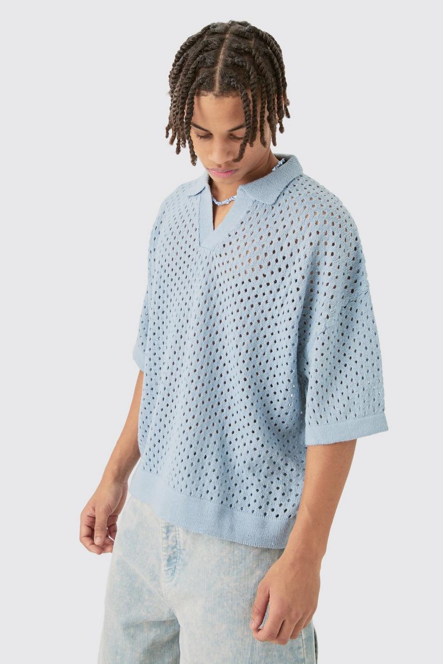 Pale blue Short Sleeve Boxy Fit Revere Open Knit Polo In Blue image number 1