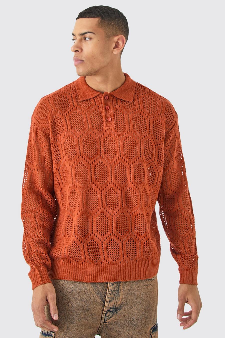 Oversized Long Sleeve Crochet Polo In Rust