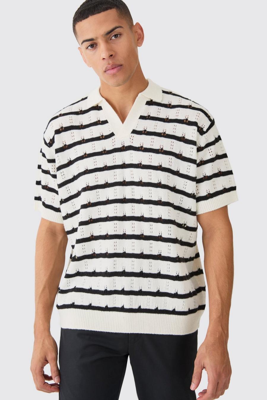 Kurzärmliges gehäkeltes Oversize Poloshirt mit Streifen, Ecru