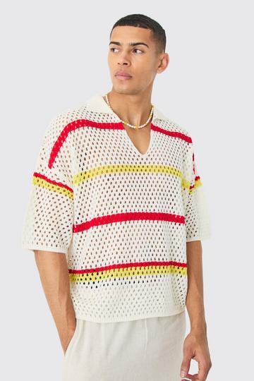 Oversized Boxy Crochet Stripe Polo In Ecru ecru