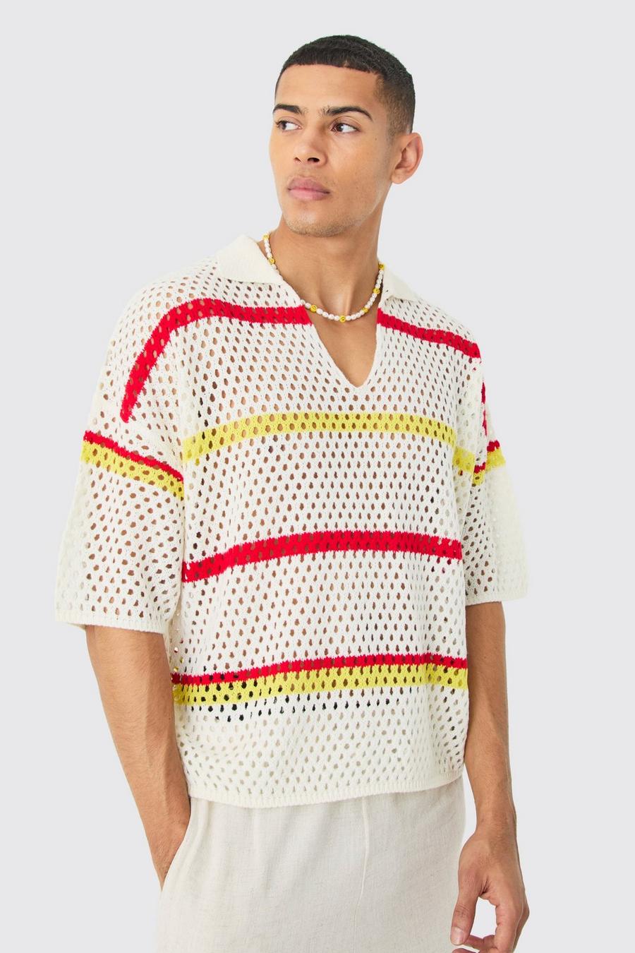 Polo oversize recto de croché con rayas en color crudo, Ecru image number 1