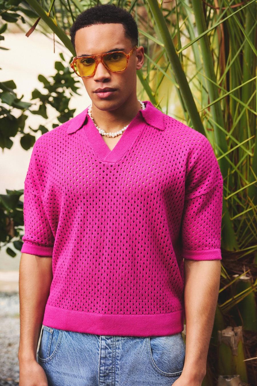 Polo squadrata a maniche corte in maglia rosa con rever, Hot pink image number 1