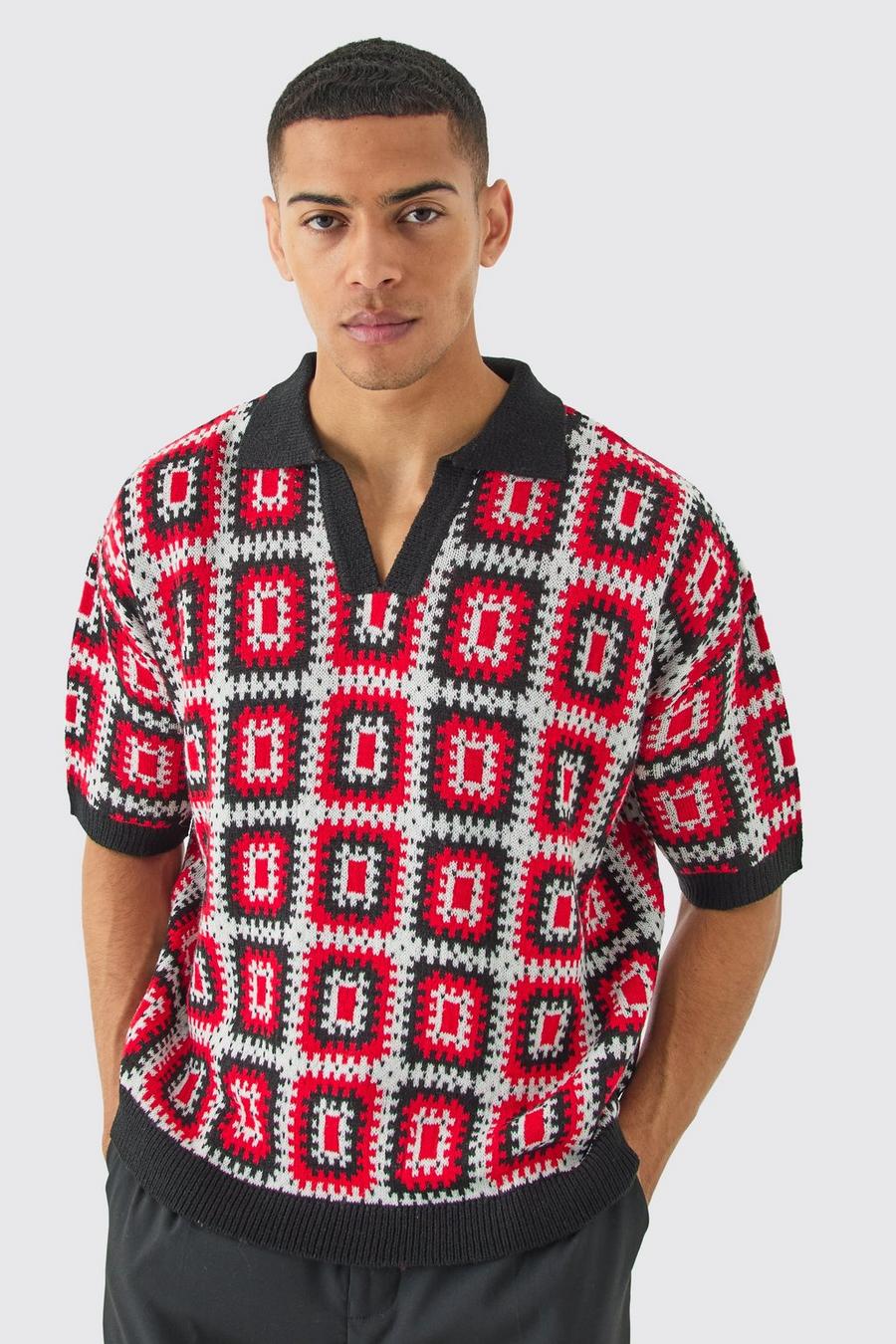 Short Sleeve Boxy Fit Revere Crochet Polo In Red image number 1