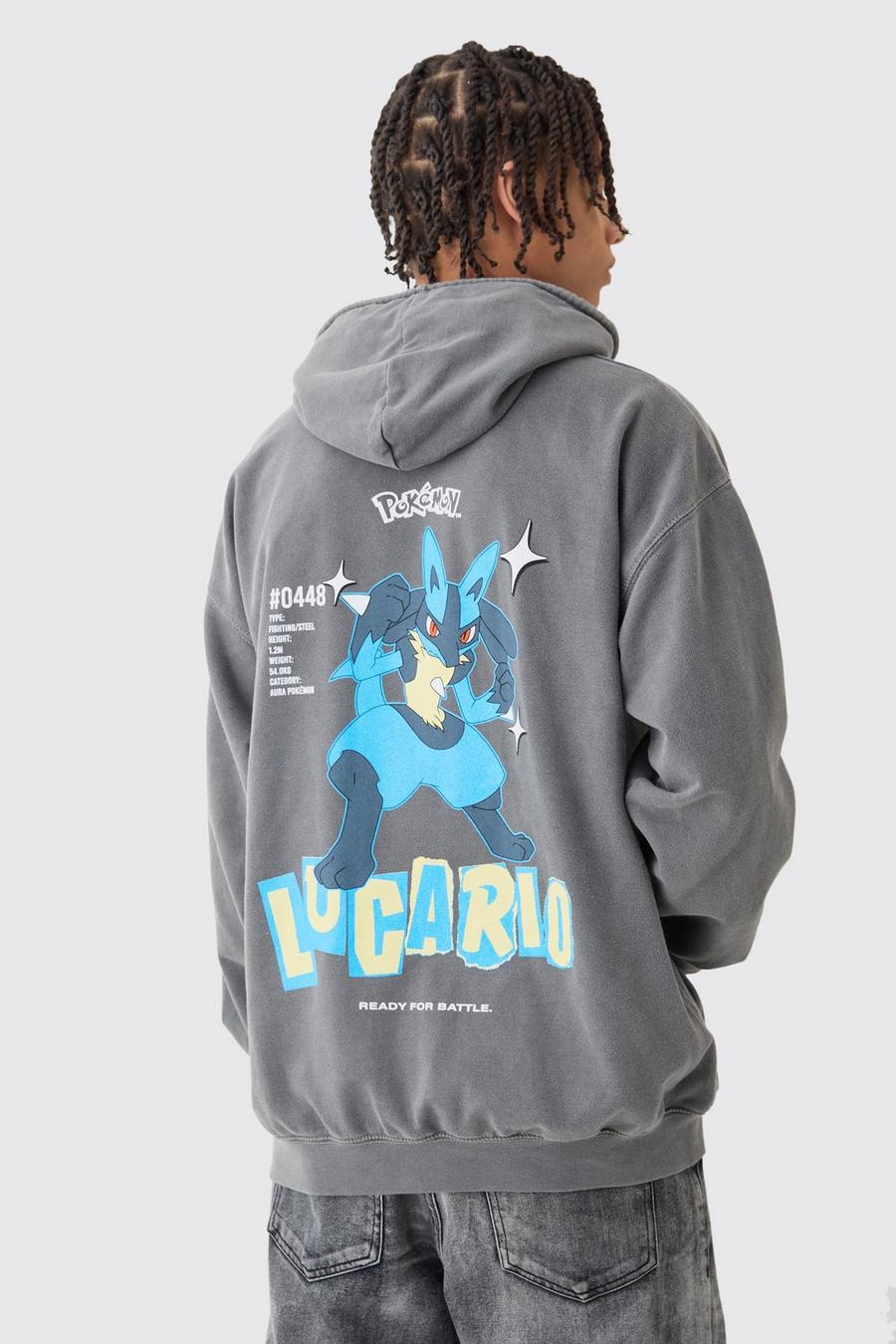 Charcoal Pokemon Lucario Oversize Urblekt hoodie med tryck image number 1