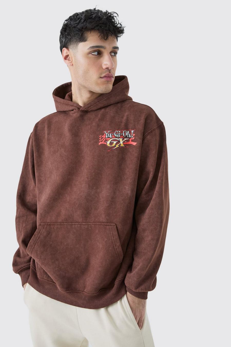 Brown Oversized Washed Yugioh Gx License Hoodie image number 1