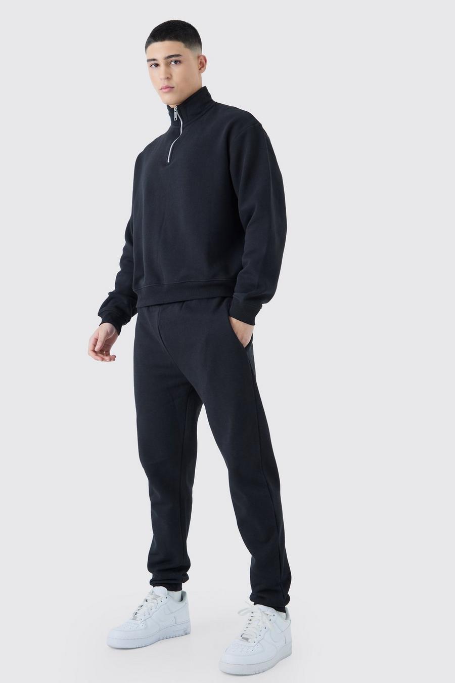 Kastiger Oversize Sweatshirt-Trainingsanzug mit 1/4 Reißverschluss, Black