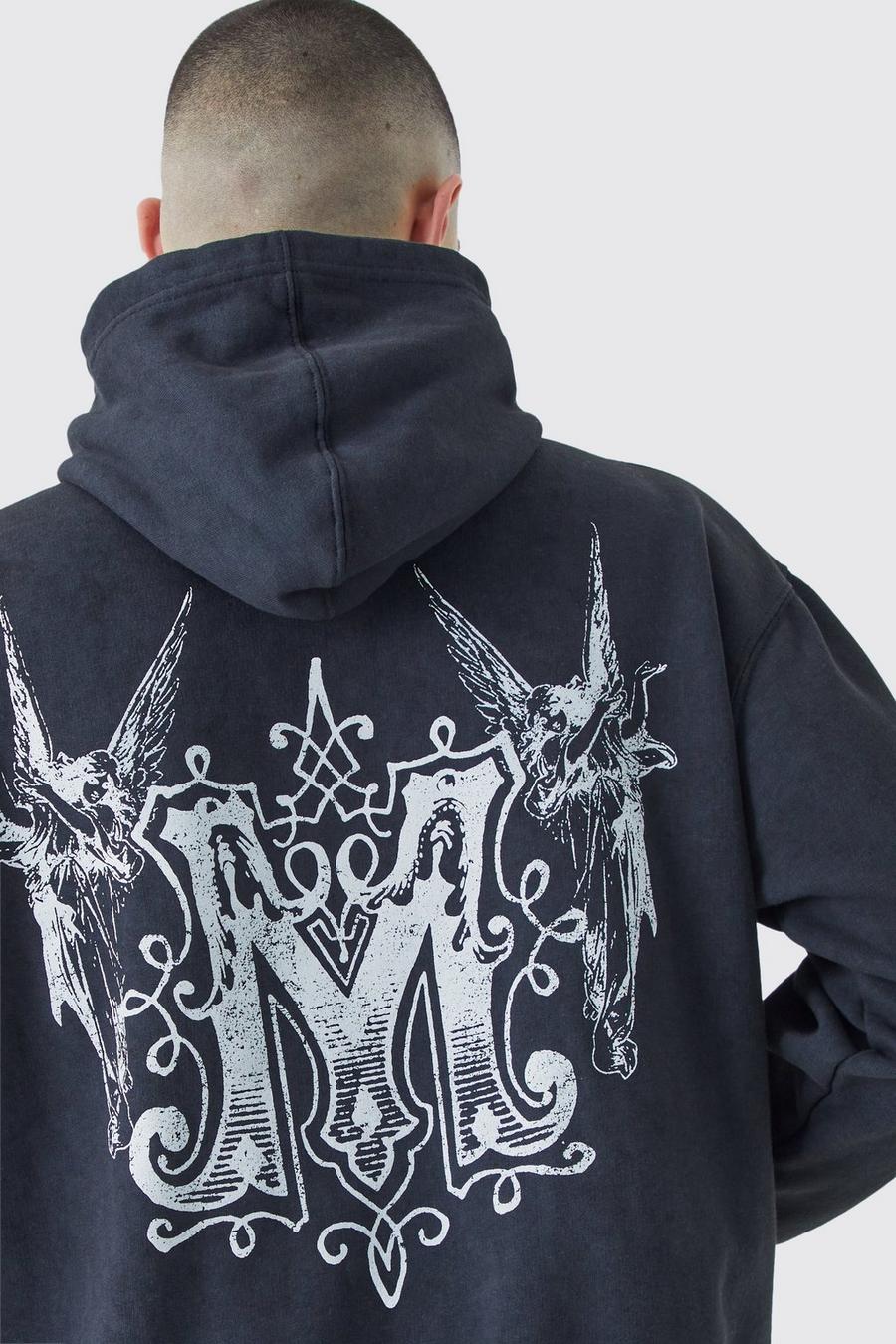 Charcoal Oversize stentvättad hoodie med grafiskt tryck