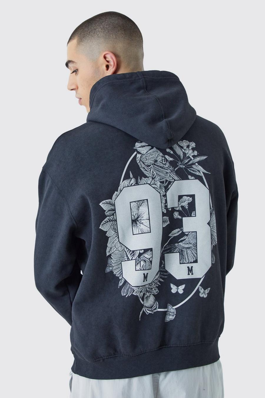 Charcoal Oversized 93 Acid Wash Graphic Hoodie image number 1