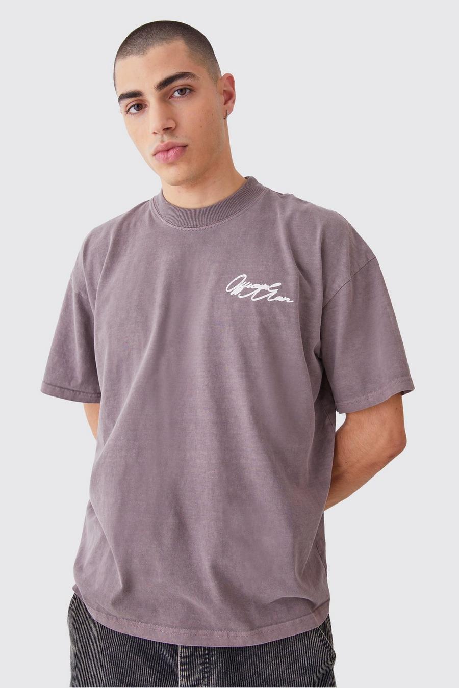 Camiseta oversize gruesa con estampado gráfico MAN sobreteñido, Chocolate image number 1