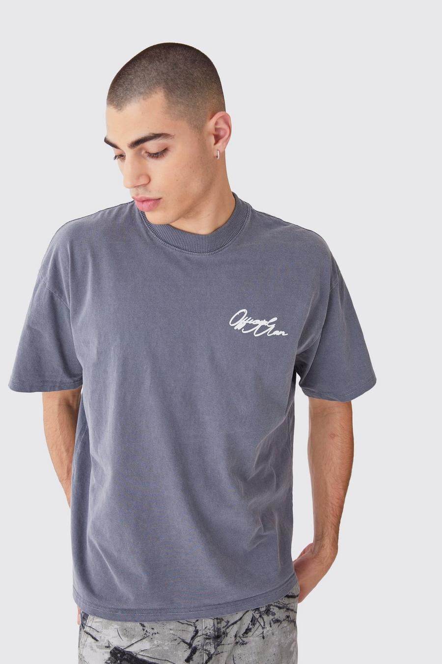 Camiseta oversize gruesa con estampado gráfico MAN sobreteñido, Dark grey