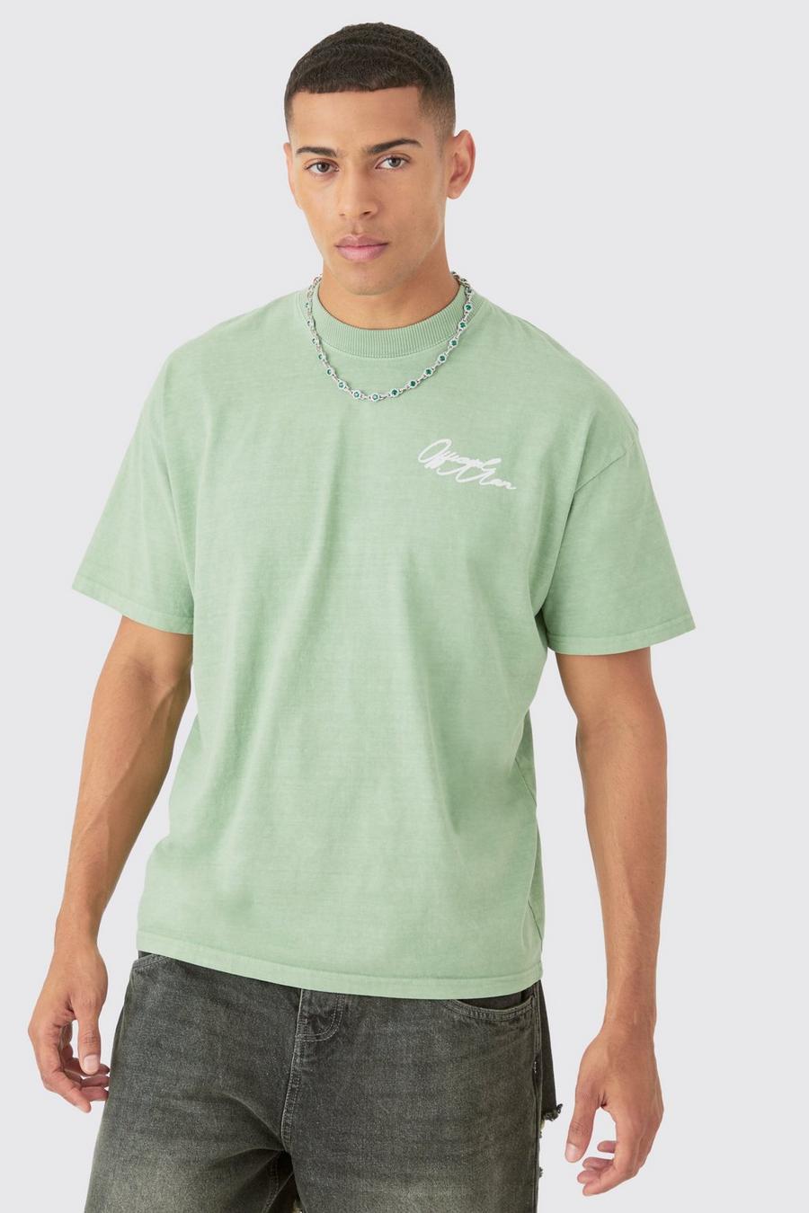 Camiseta oversize gruesa con estampado gráfico MAN sobreteñido, Sage image number 1