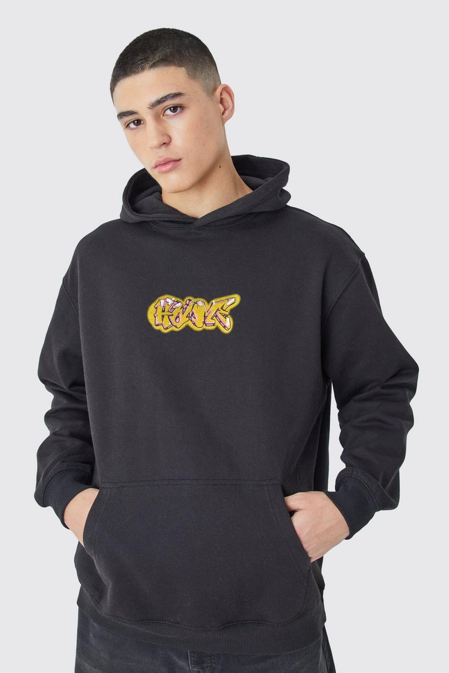Black Oversized Homme Graffiti Graphic Hoodie  image number 1