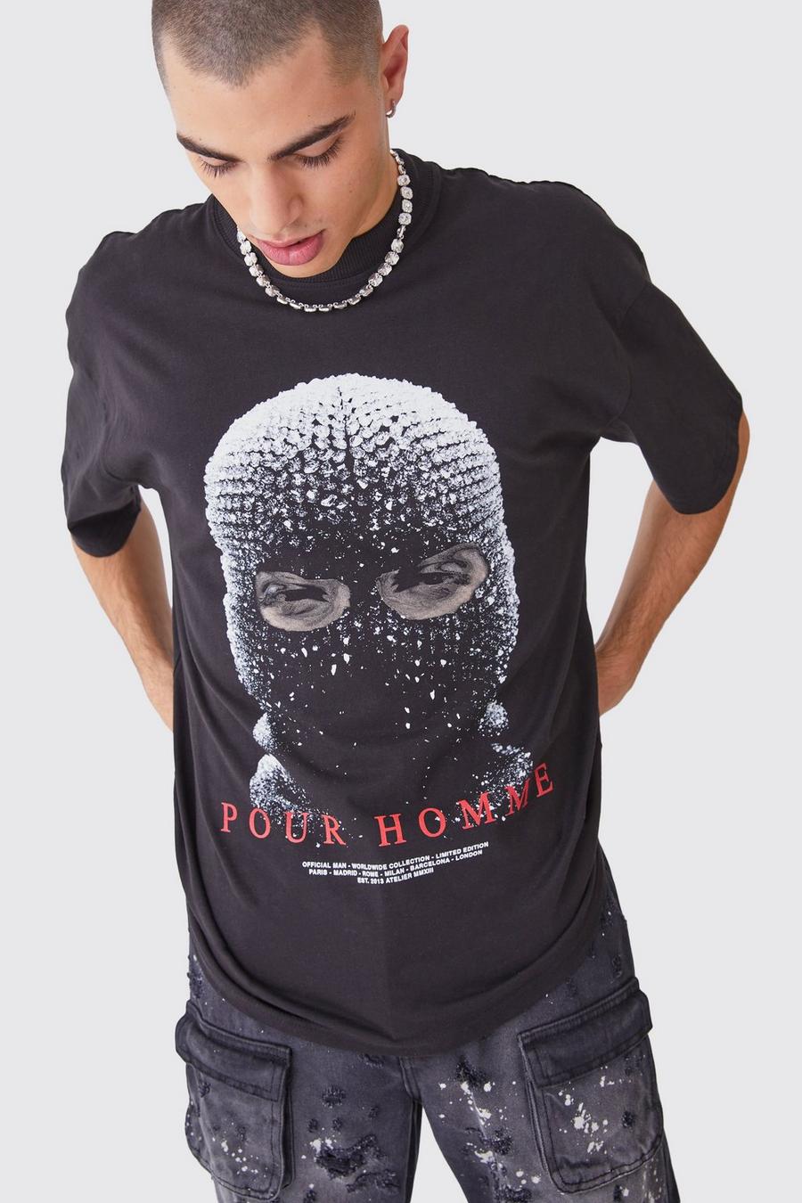 T-shirt oversize pesante con grafica a maschera, Black image number 1