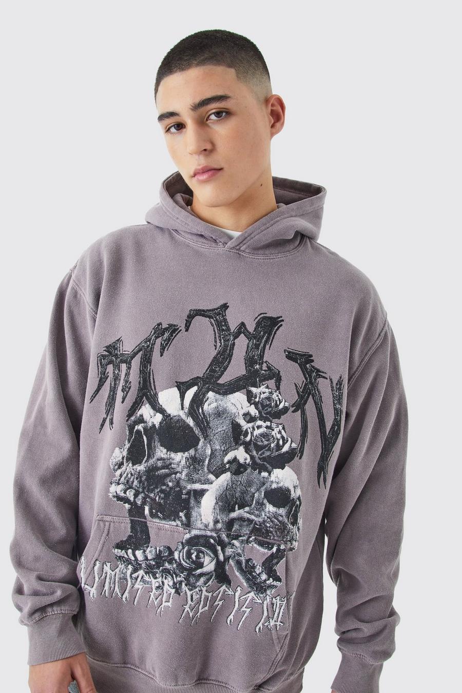 Mauve Oversized Washed Skull Graphic Hoodie  image number 1