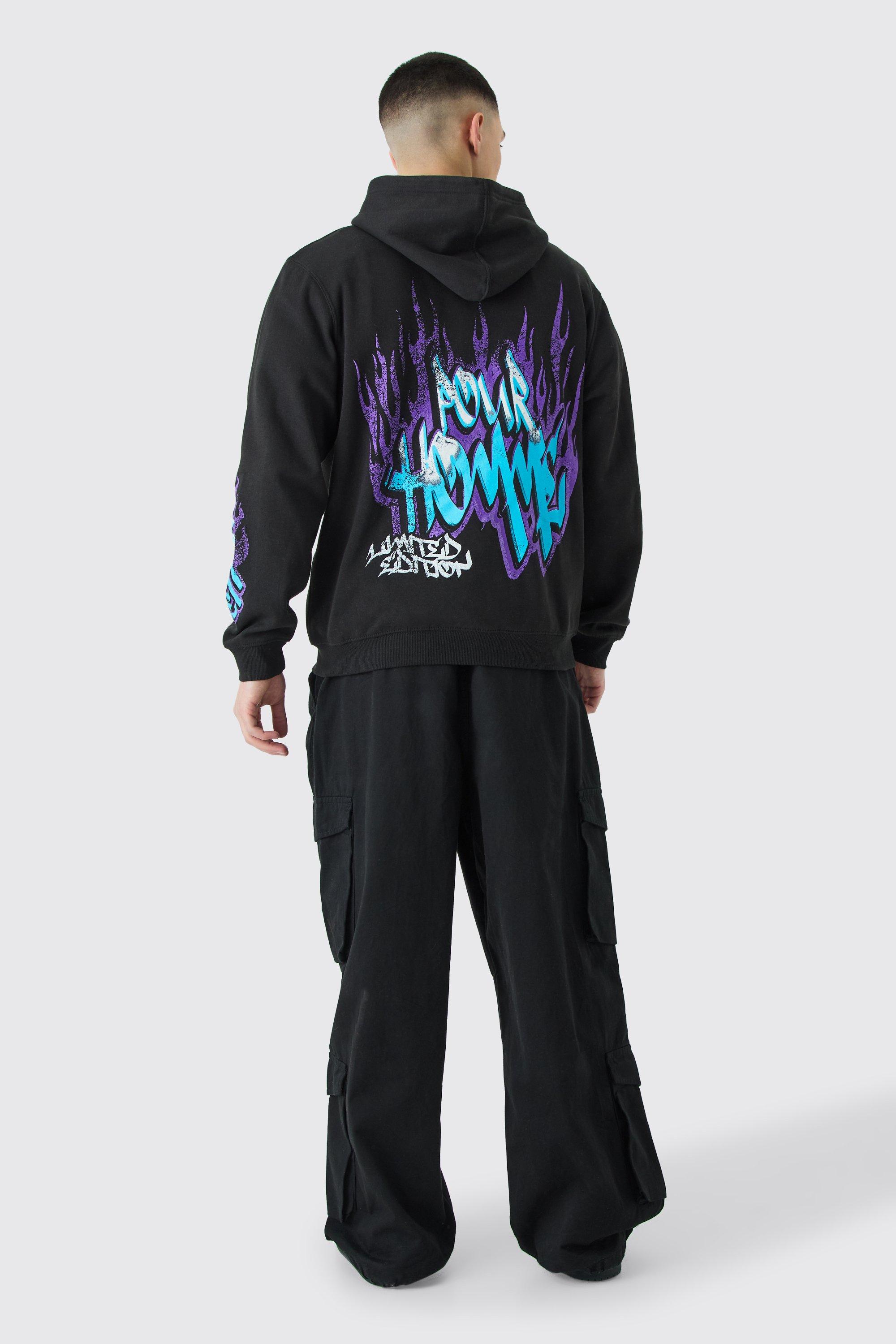 Felpa con zip stile Graffiti fiamme e cappuccio boohoo