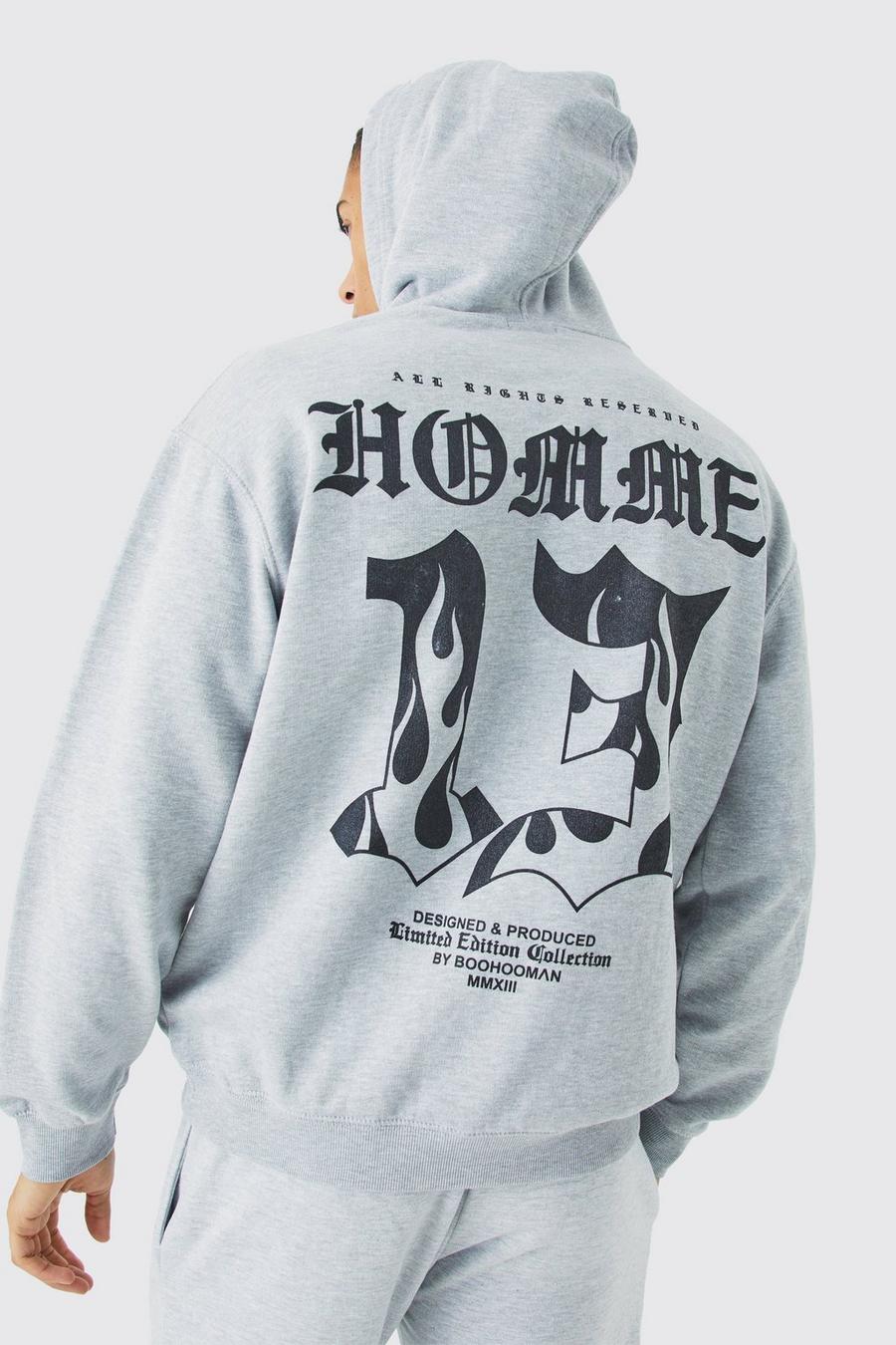 Grey marl Homme Oversize hoodie med grafiskt tryck image number 1