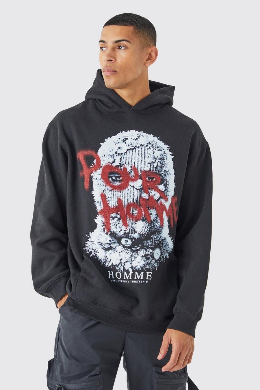 Black Oversized Mask Graphic Hoodie  image number 1