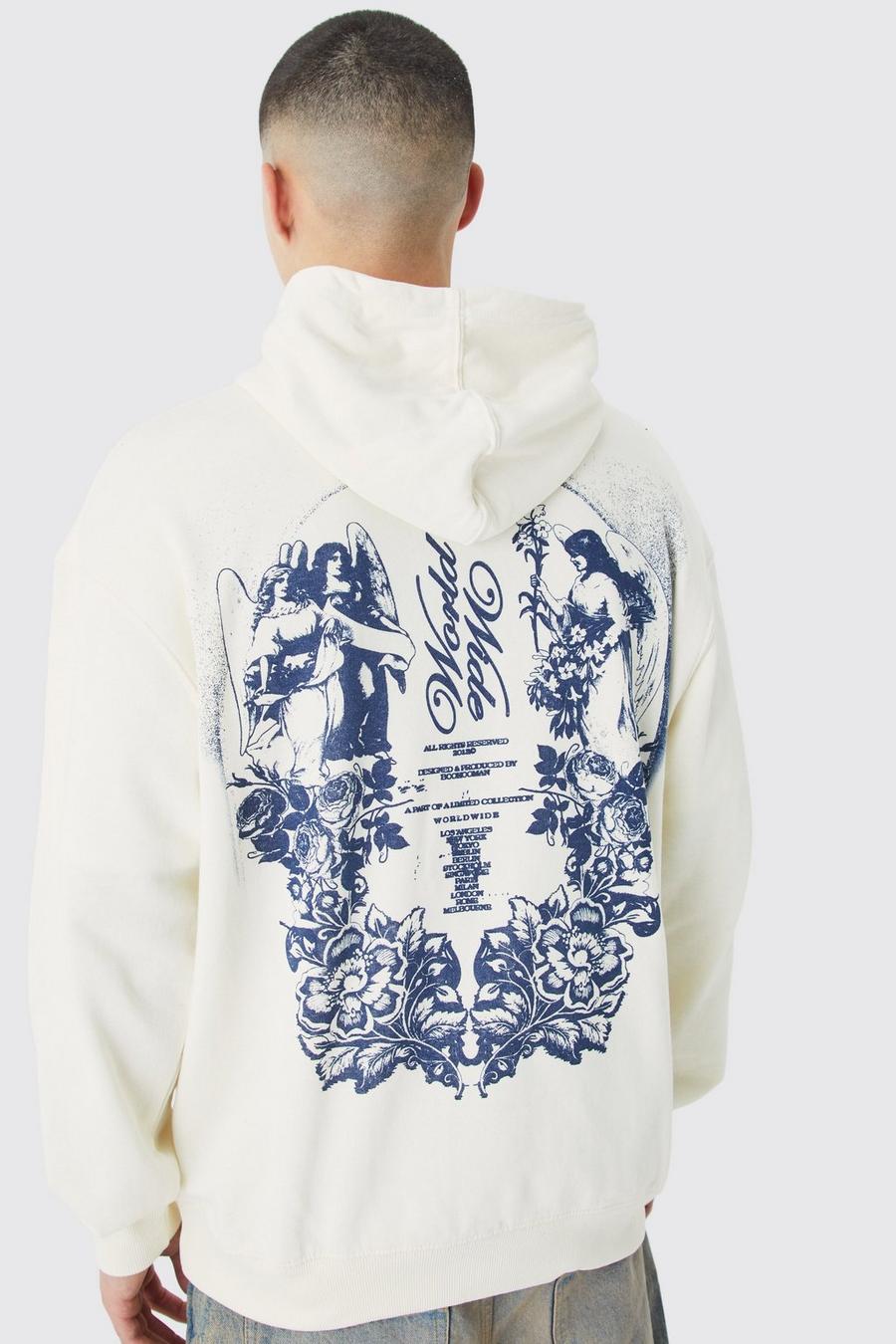 Ecru Oversized Floral Graphic Hoodie Stone image number 1