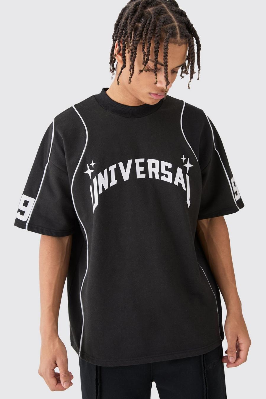 Camiseta oversize con cuello extendido y estampado gráfico Universal, Black