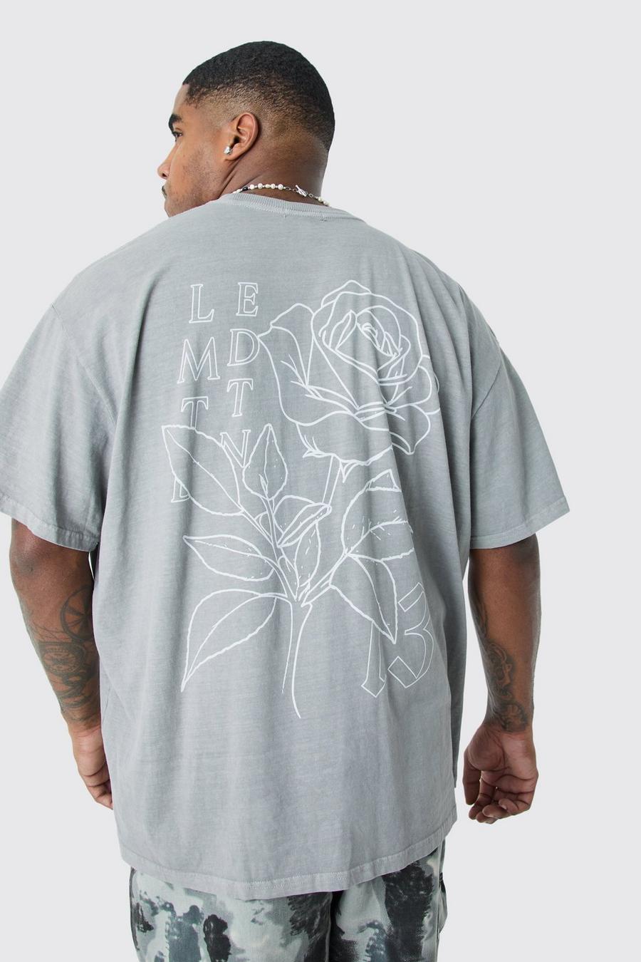 Slate grey Plus Oversized Overdyed Floral Stencil Graphic T-shirt image number 1