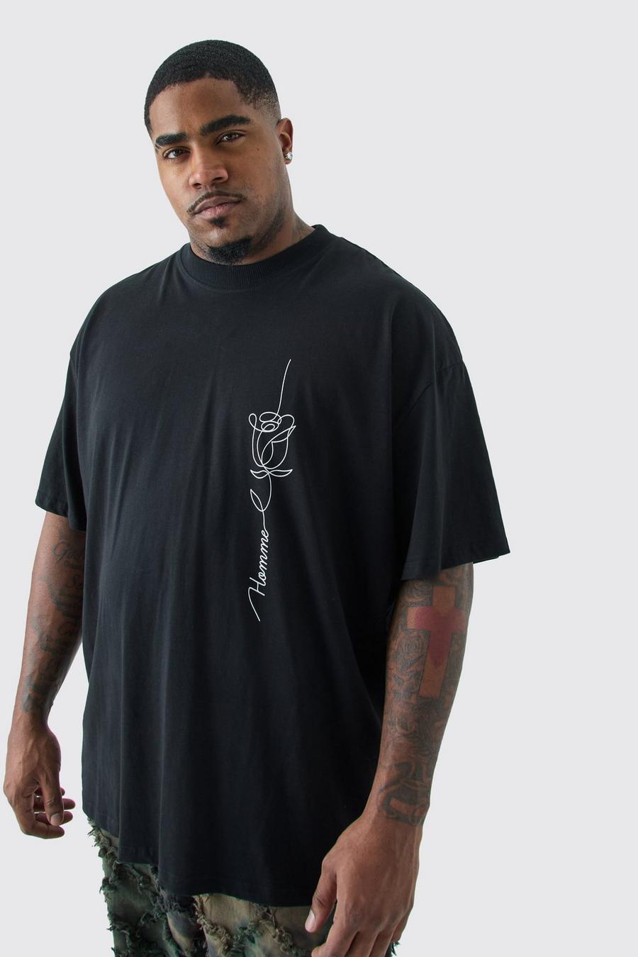 Camiseta Plus oversize con estampado gráfico de flores, Black