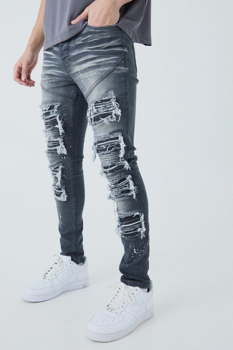 Jeans stile Biker Super Skinny Fit con strappi & rattoppi e schizzi di colore, Grey