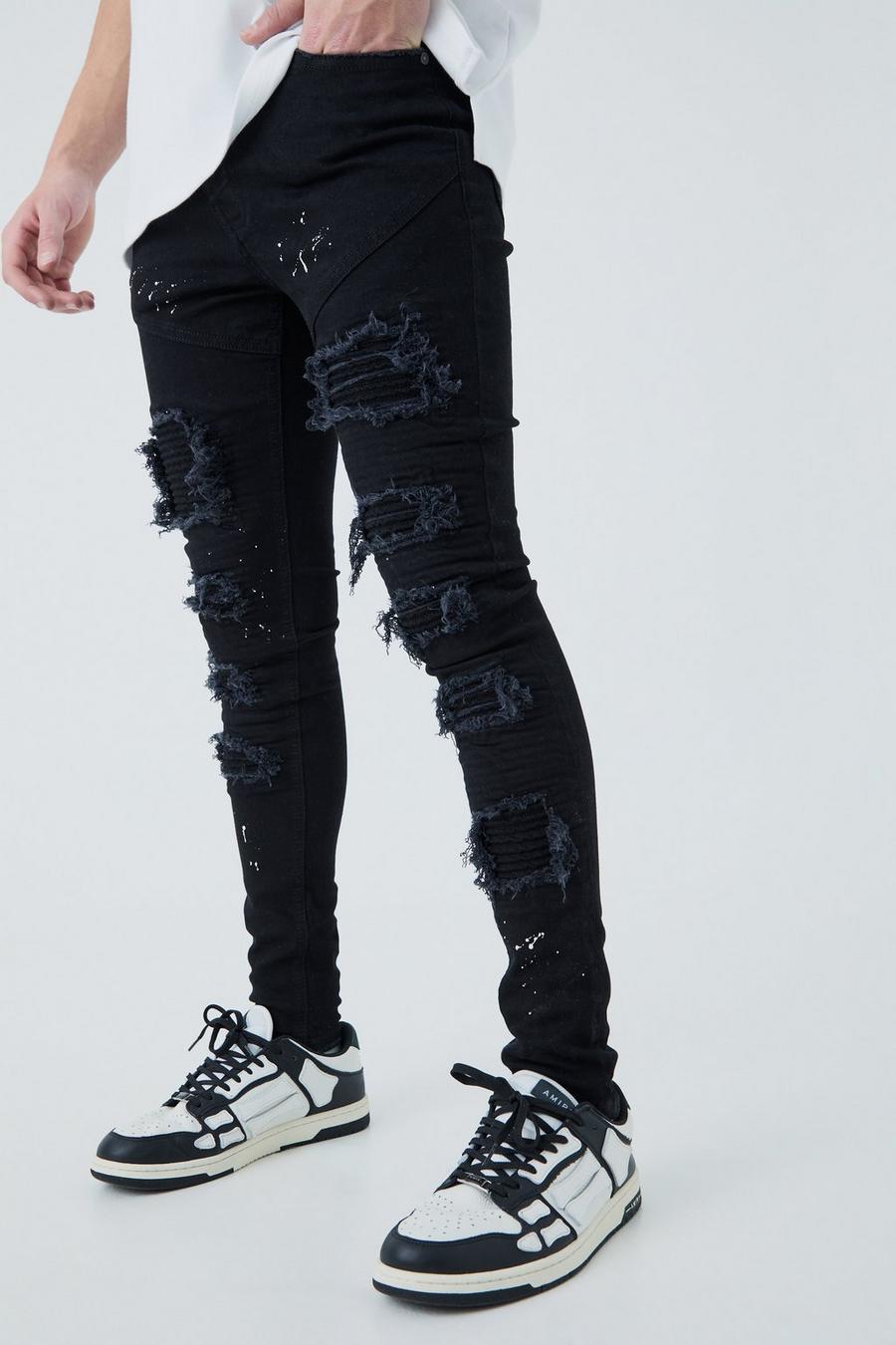 Jeans stile Biker Super Skinny Fit con strappi & rattoppi e schizzi di colore, True black