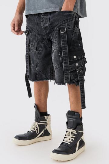 Oversized Strap And Buckle Detail Denim Jorts washed black